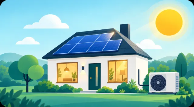 Illustration eines Hauses mit Solaranlage und Wärmepumpe
