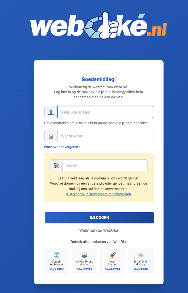 Anmeldeseite des WebOké Webmail