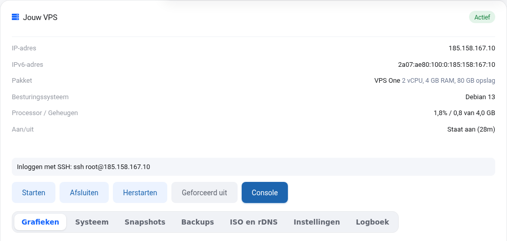 Der VPS-Bereich mit IP-Adressen, Paket, den Schaltflächen und den Tabs
